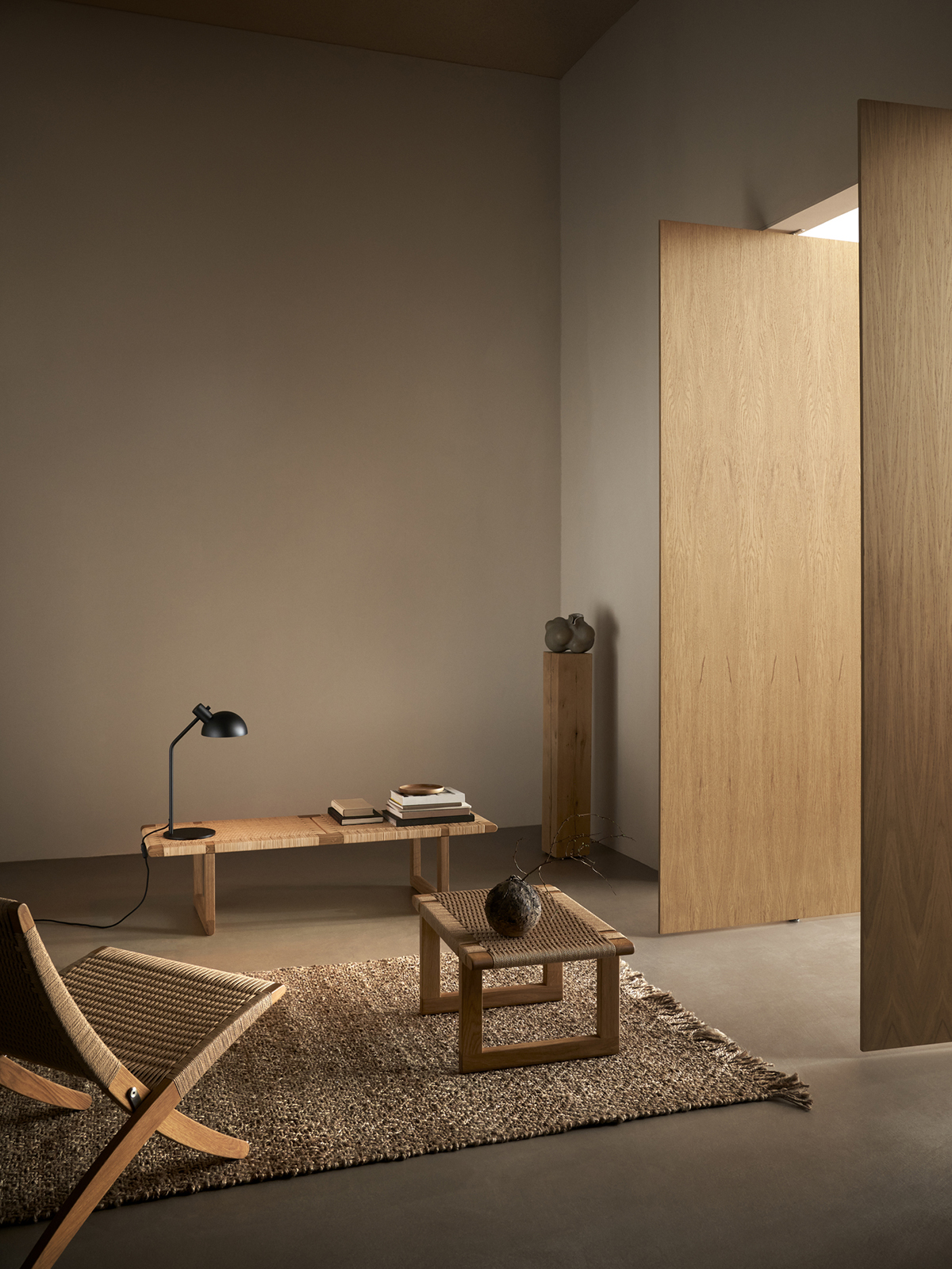 Børge Mogensen's minimalist table bench updated with traditional paper cord weave by Carl Hansen & Søn