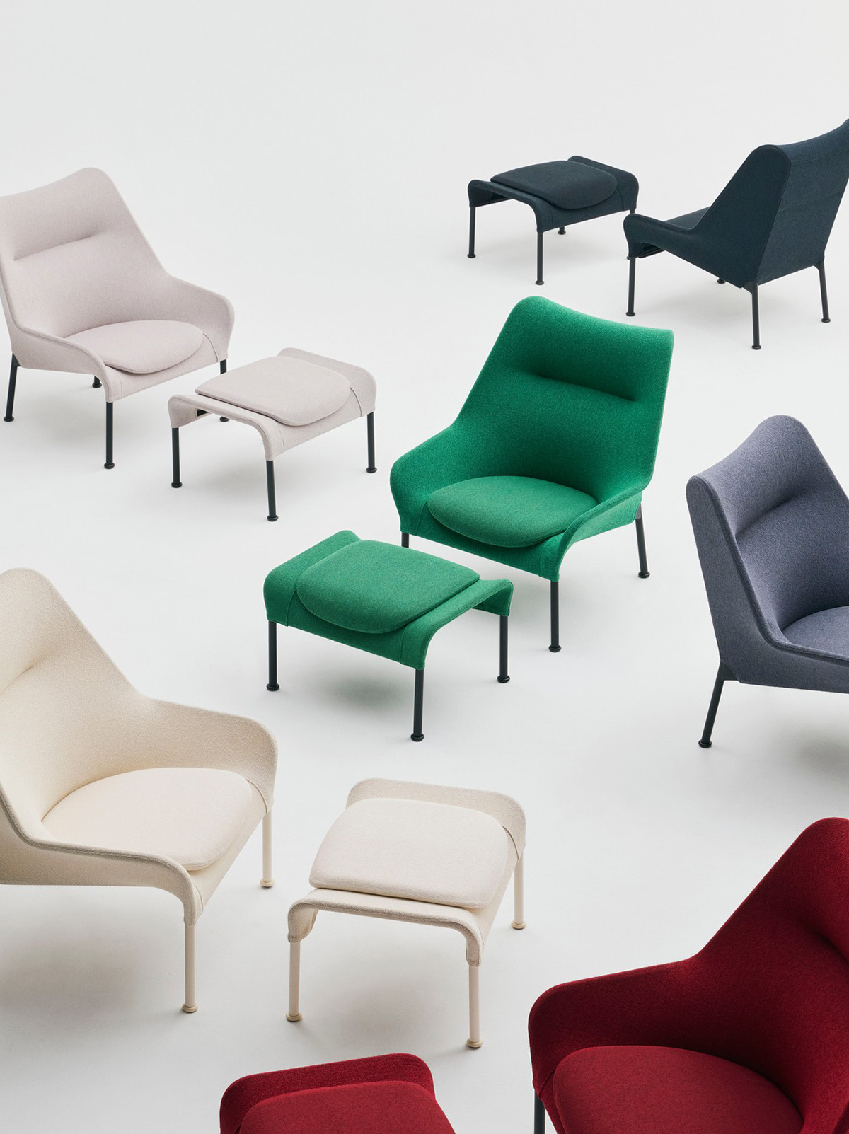 Jonas Forsman O2 Lounge Chair for HAY featuring minimal steel frame with innovative shrinkfit textile upholstery