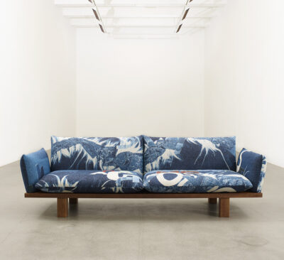 LK Hjelle Less sofa with Magne Furuholmen artistic textile in modern Norwegian living room setting