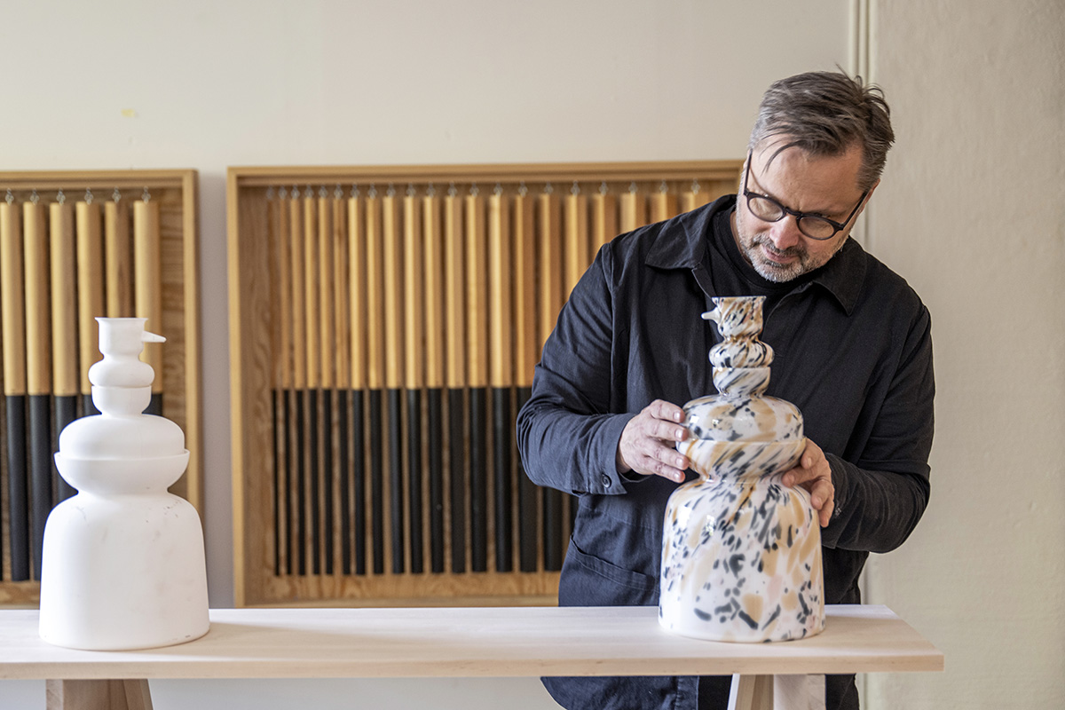 "Matti Klenell working with master glassblowers at Iittala factory creating sculptural glass artworks