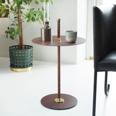 Cabaret side table by Peter Andersson for Klong with leather-wrapped pillar and brass details in black finish