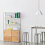 New Order Combination 503 light grey_Annex Table Overhang alu frame Really cotton cream tabletop_Revolver Bar Stool H76 High sky grey_Compass Pendant alu
